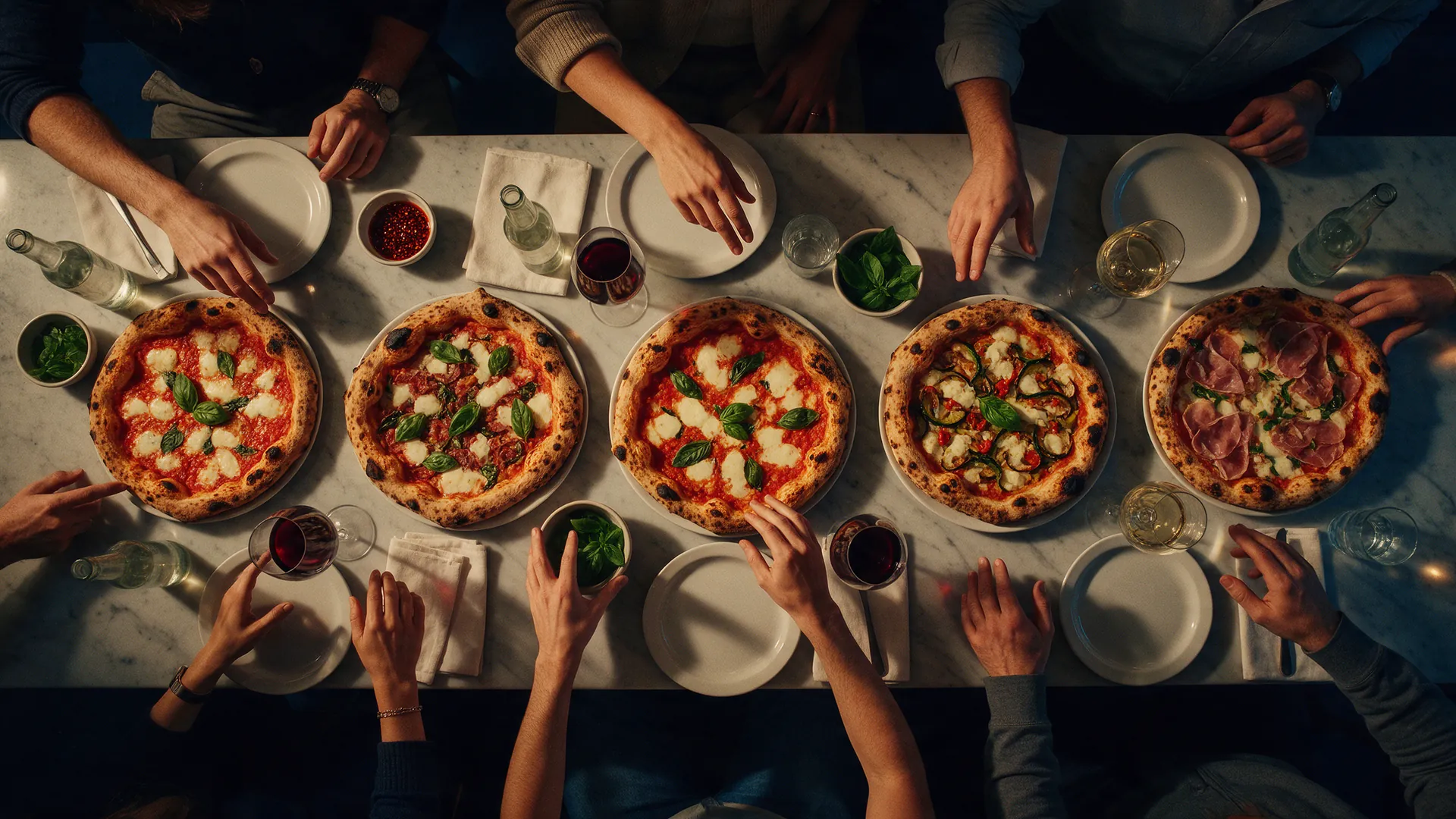 Pizzas shared around a big table