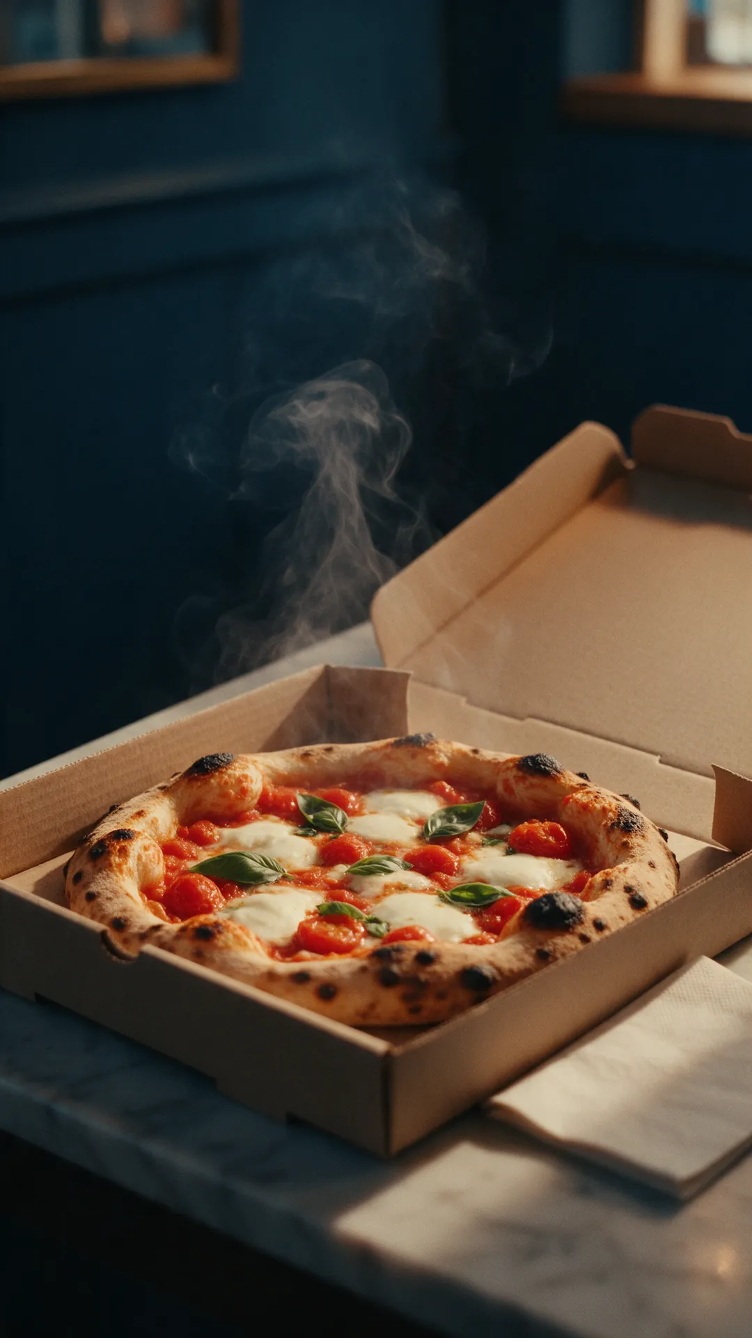 A fresh pizza steaming in a kraft box